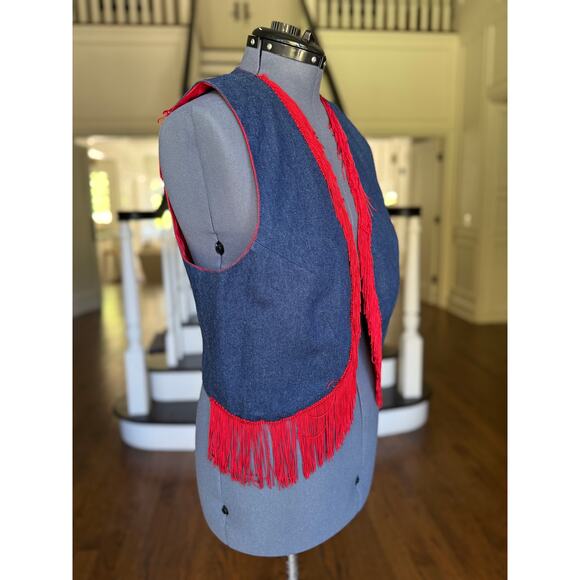 Plus Size 2X Vintage 80s 90s Blue Denim Red Fringe Cowgirl Rodeo Western Costume - Picture 3 of 8